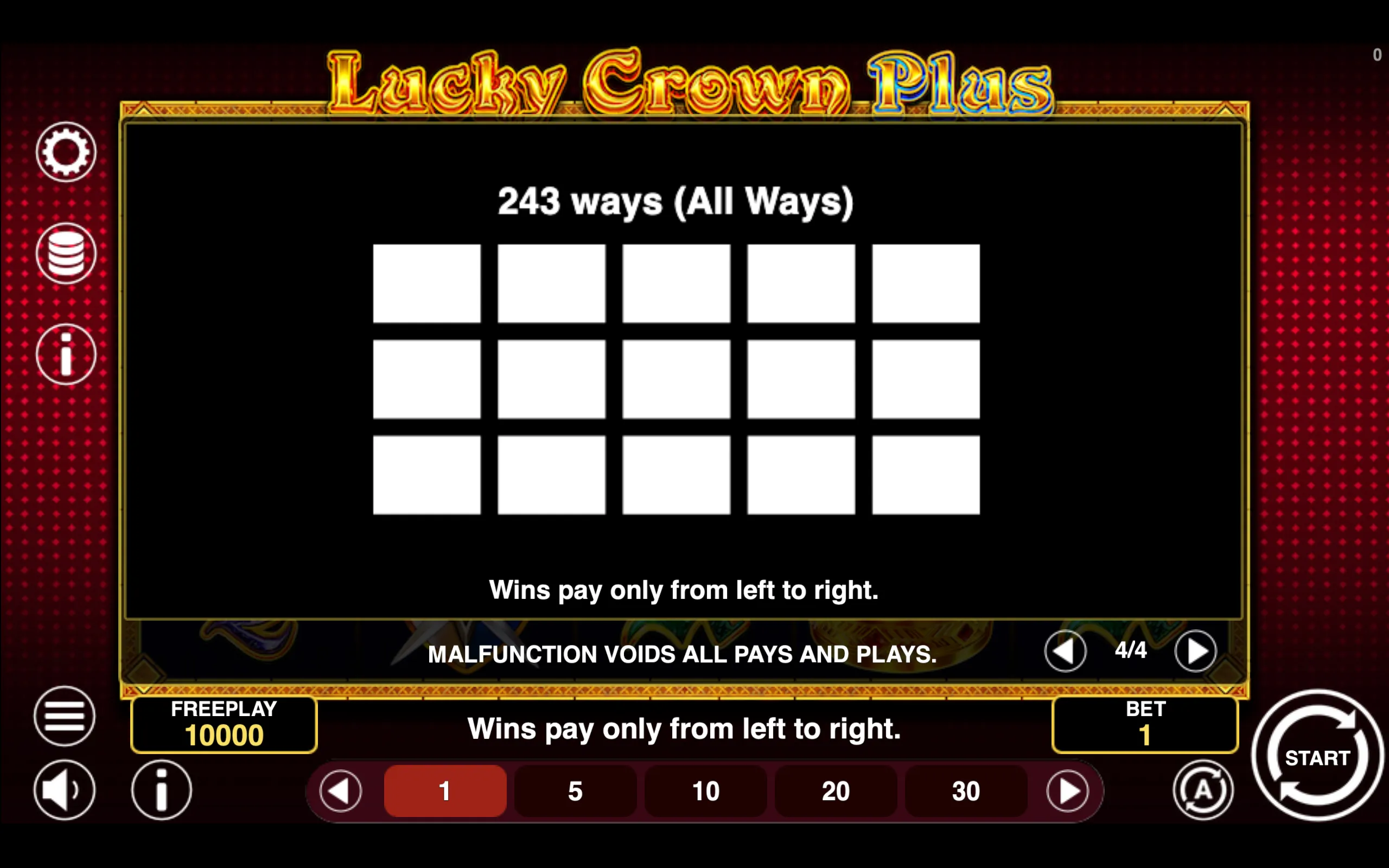 Lucky Crown Plus paytable page 4 with symbol payouts