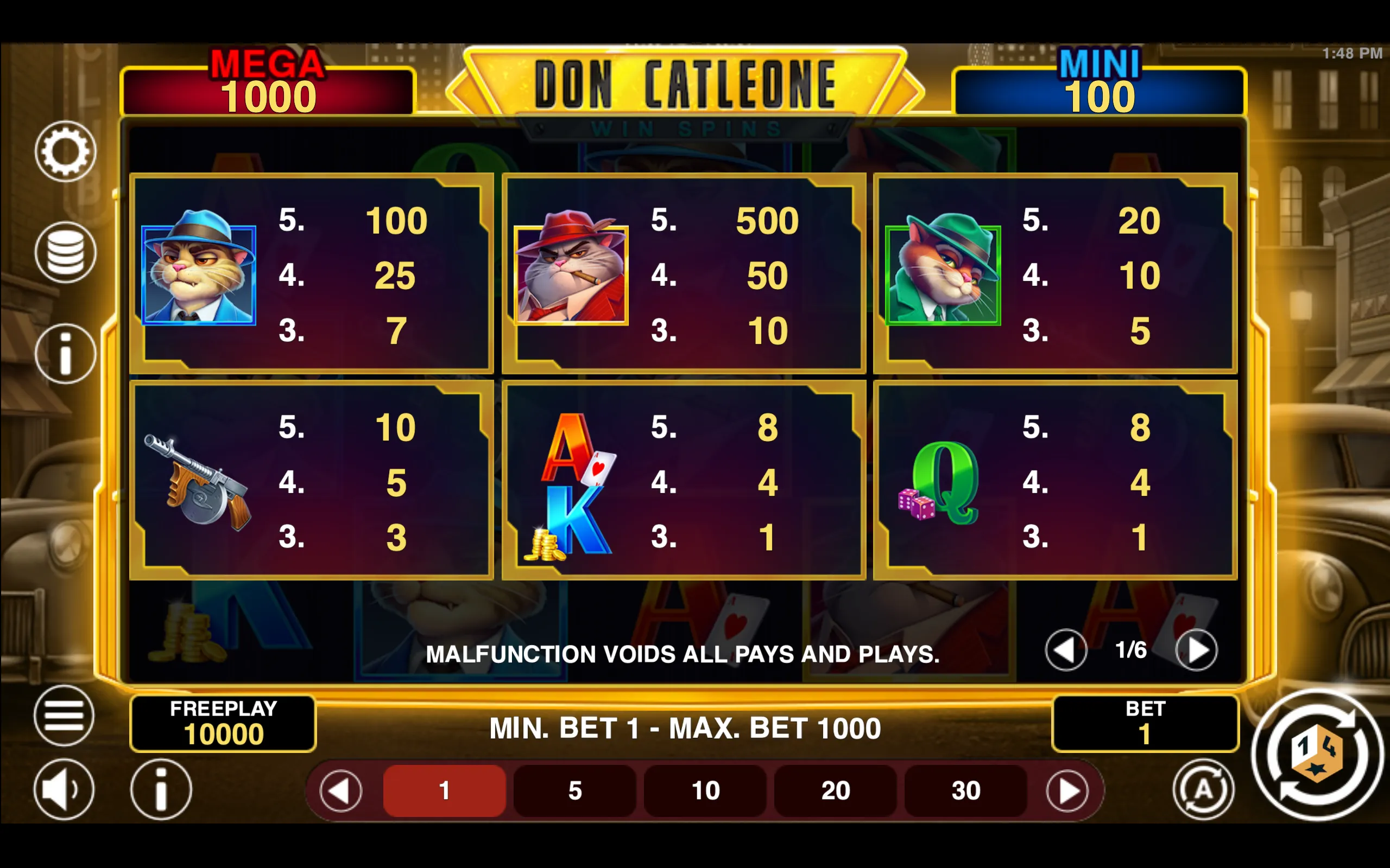 Don Catleone Win Spins paytable page 1 with symbol payouts