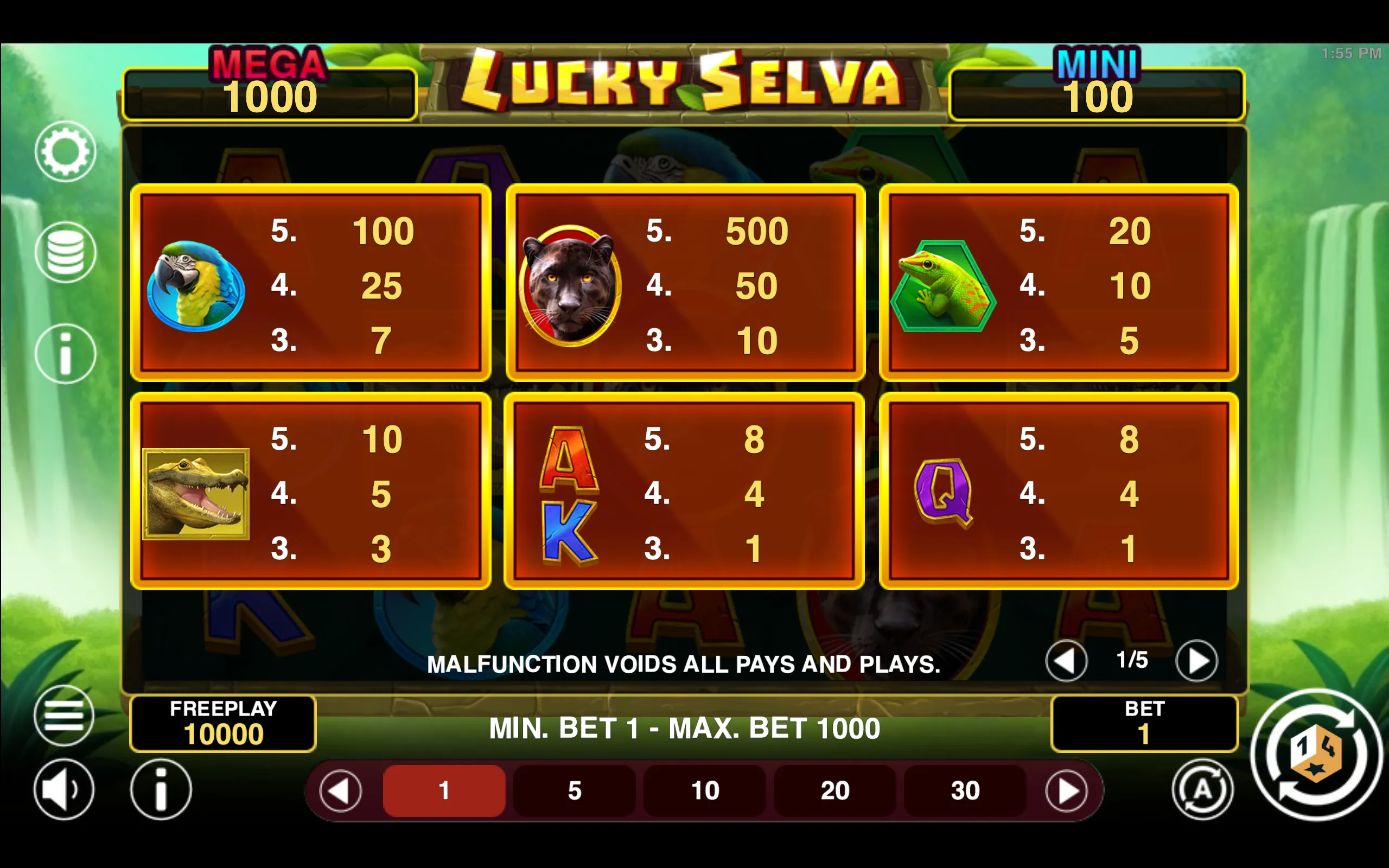 Lucky Selva Hold & Win paytable page 1 with symbol payouts