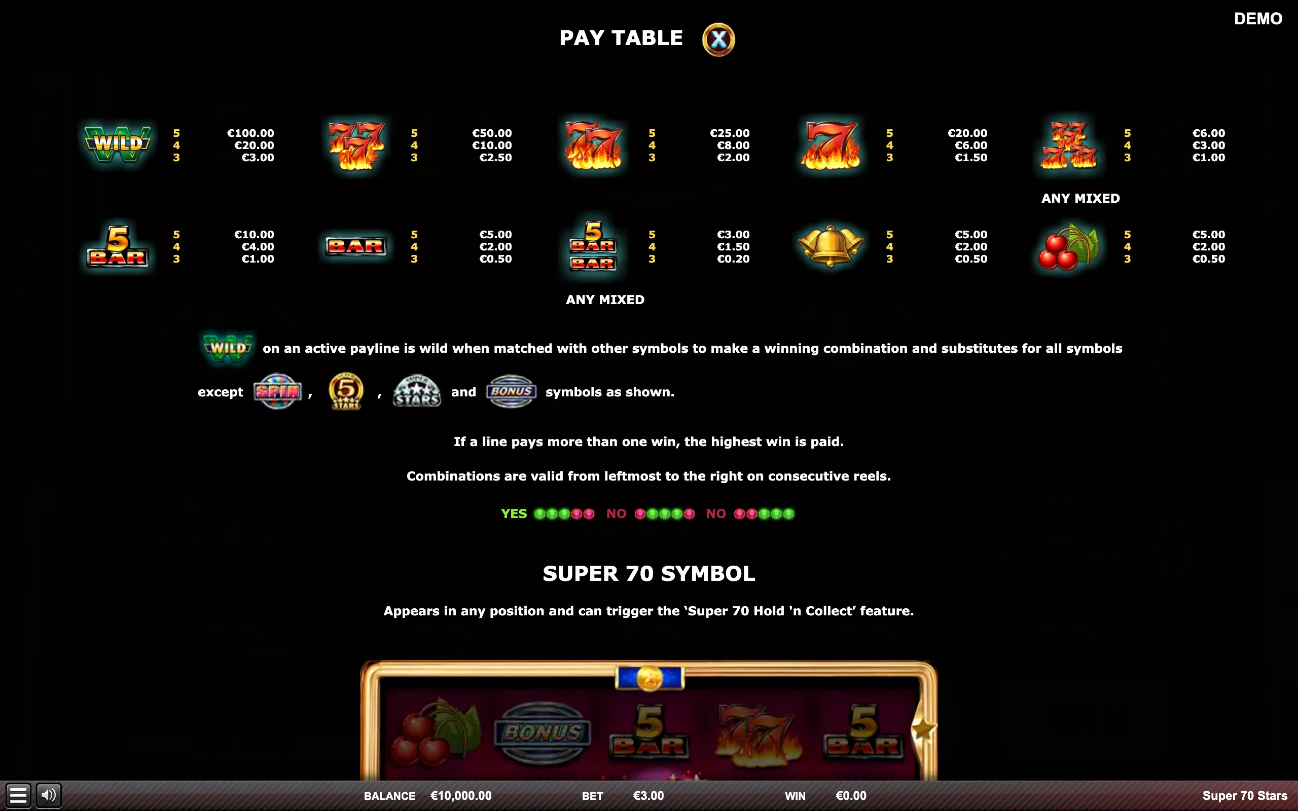 Super 70 Stars paytable page 1 with symbol payouts