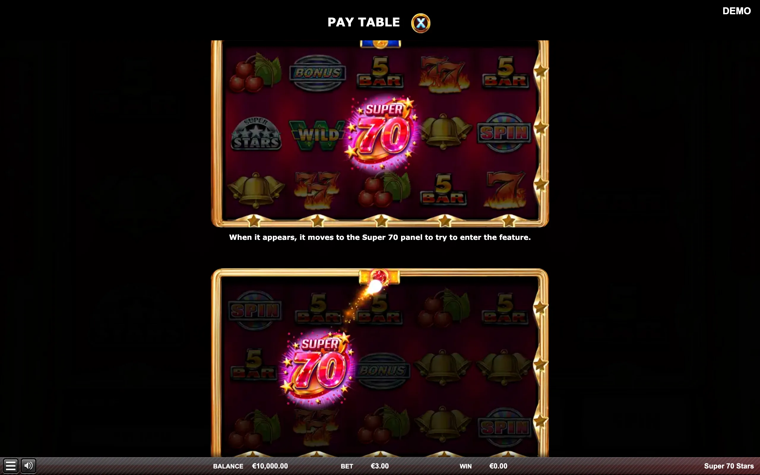 Super 70 Stars paytable page 2 with symbol payouts