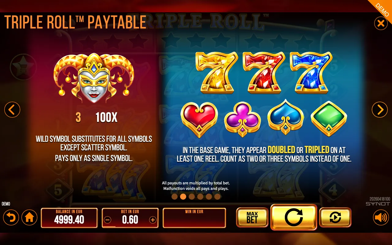Triple Roll paytable page 1 with symbol payouts