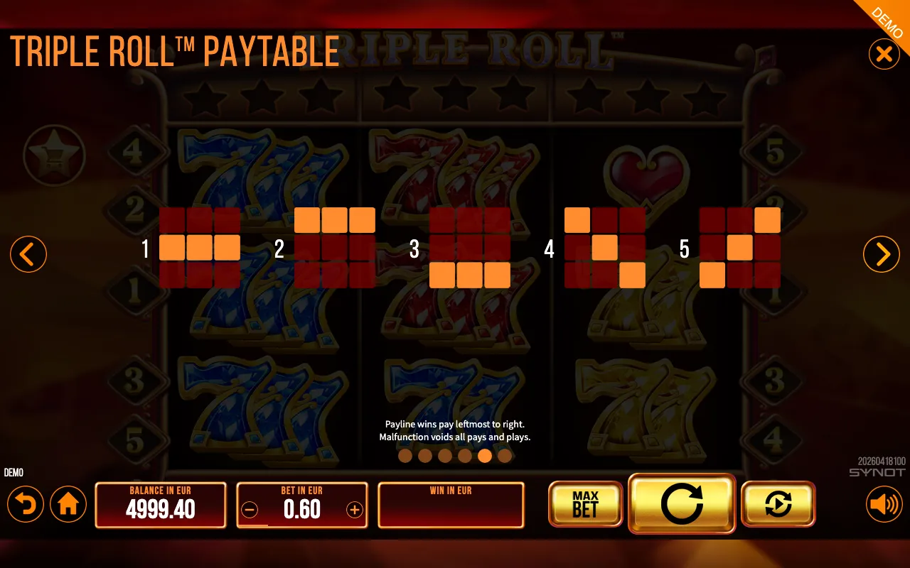 Triple Roll paytable page 3 with symbol payouts