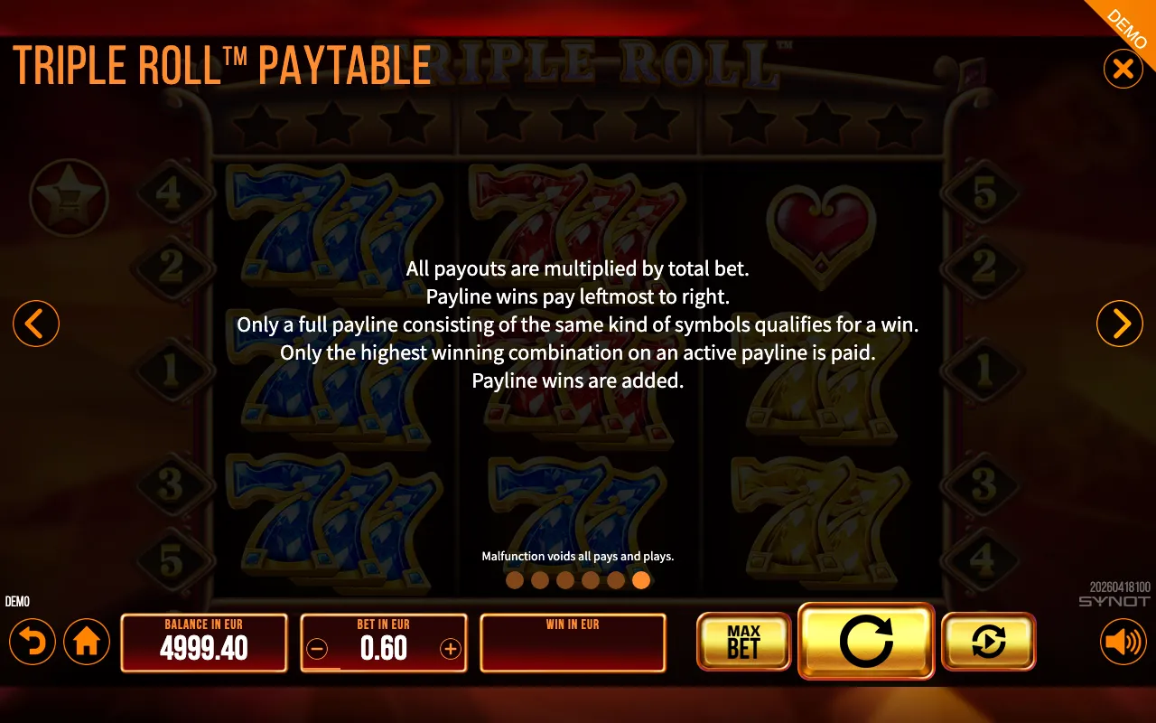 Triple Roll paytable page 4 with symbol payouts