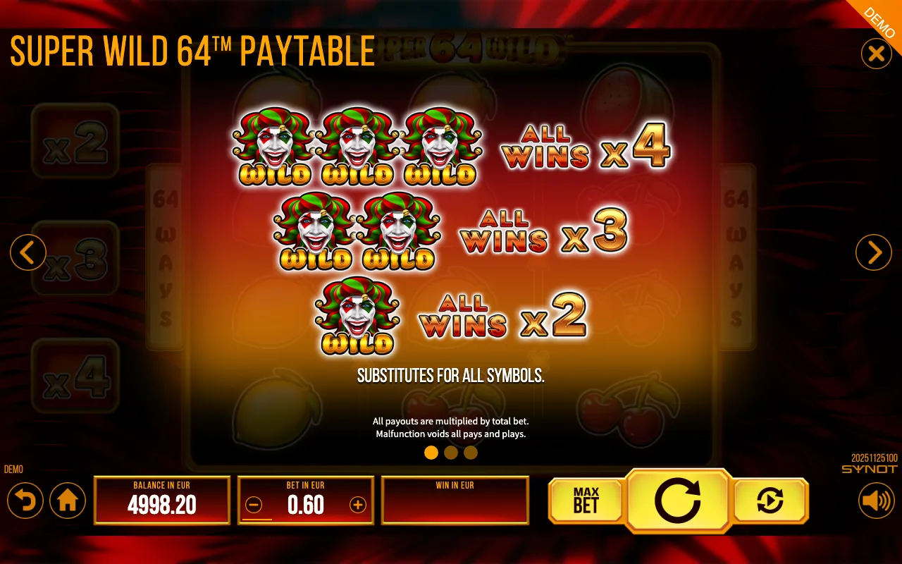 Super Wild 64 paytable page 1 with symbol payouts