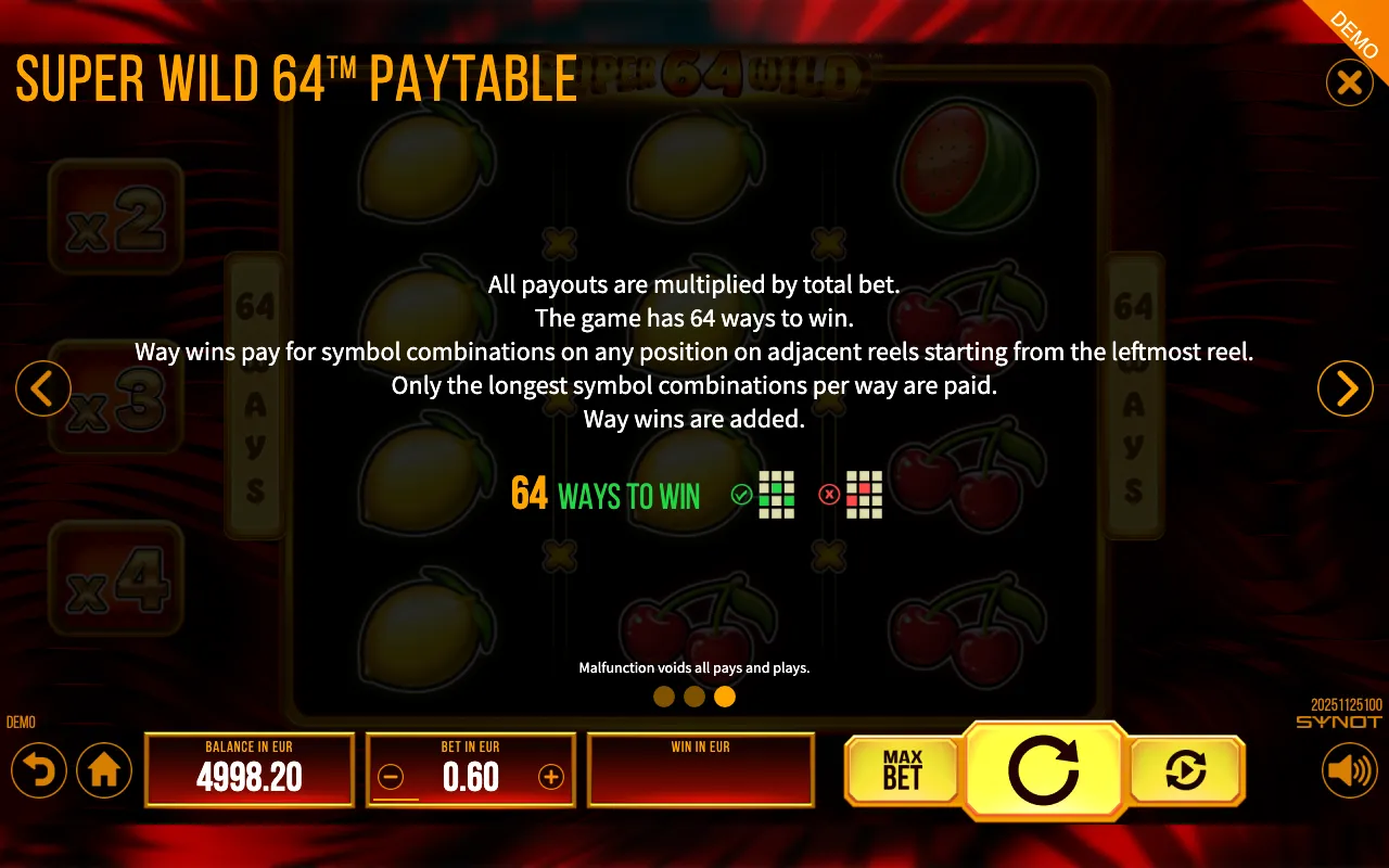 Super Wild 64 paytable page 3 with symbol payouts