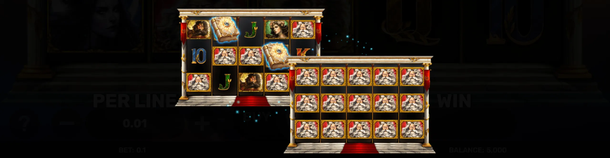 Slot game reels featuring mythological demi-god characters, a glowing magical book symbol, and classic card icons with a temple-inspired frame.