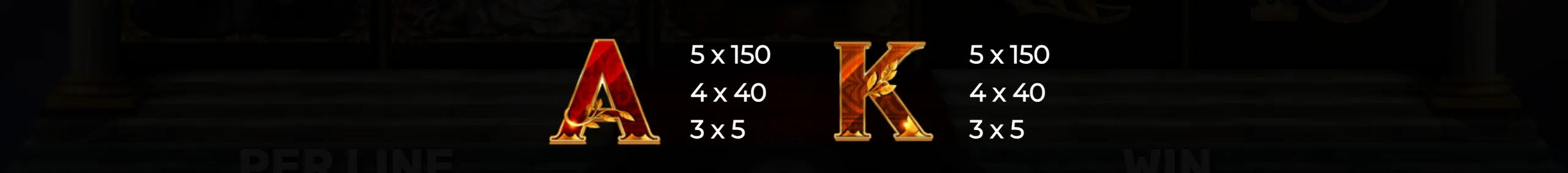 Golden and fiery A and K symbols with their respective payout values displayed against a dark, temple-like background.