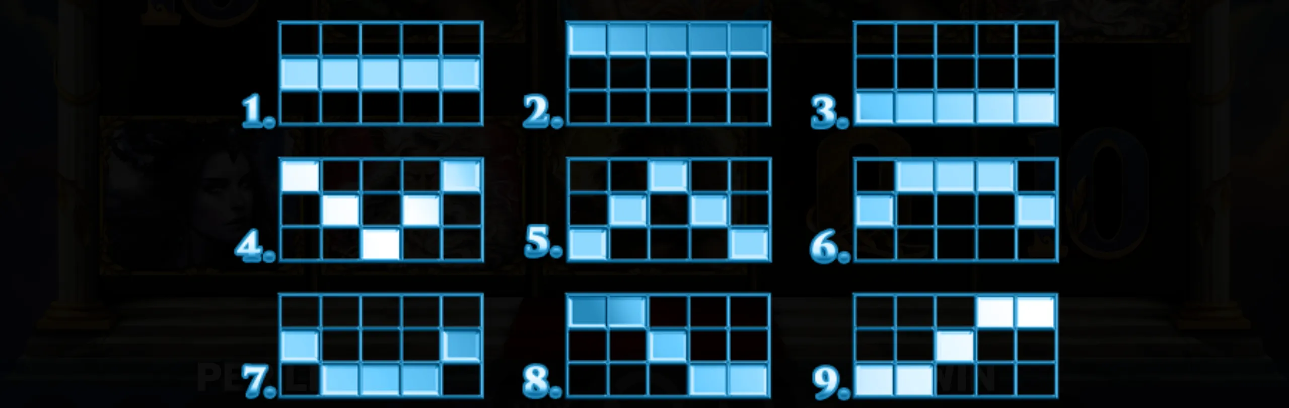 Nine distinct paylines highlighted in blue on a dark background, illustrating the possible winning paths in Book of Demi Gods 7 slot game.