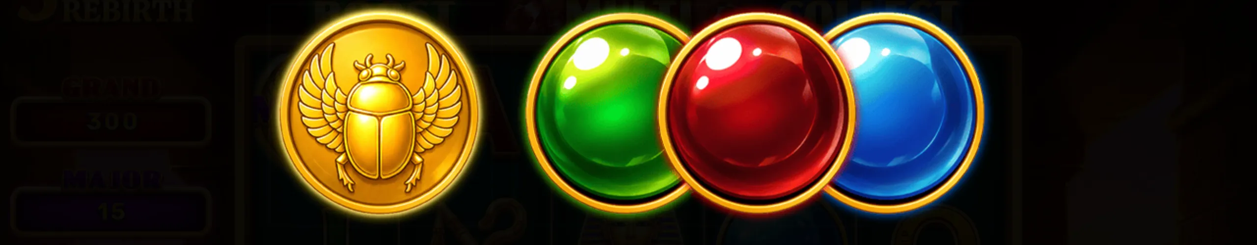 Brightly colored scarab symbols in gold, green, red, and blue with a glowing effect, representing the slot game 3 Scarabs of Rebirth.