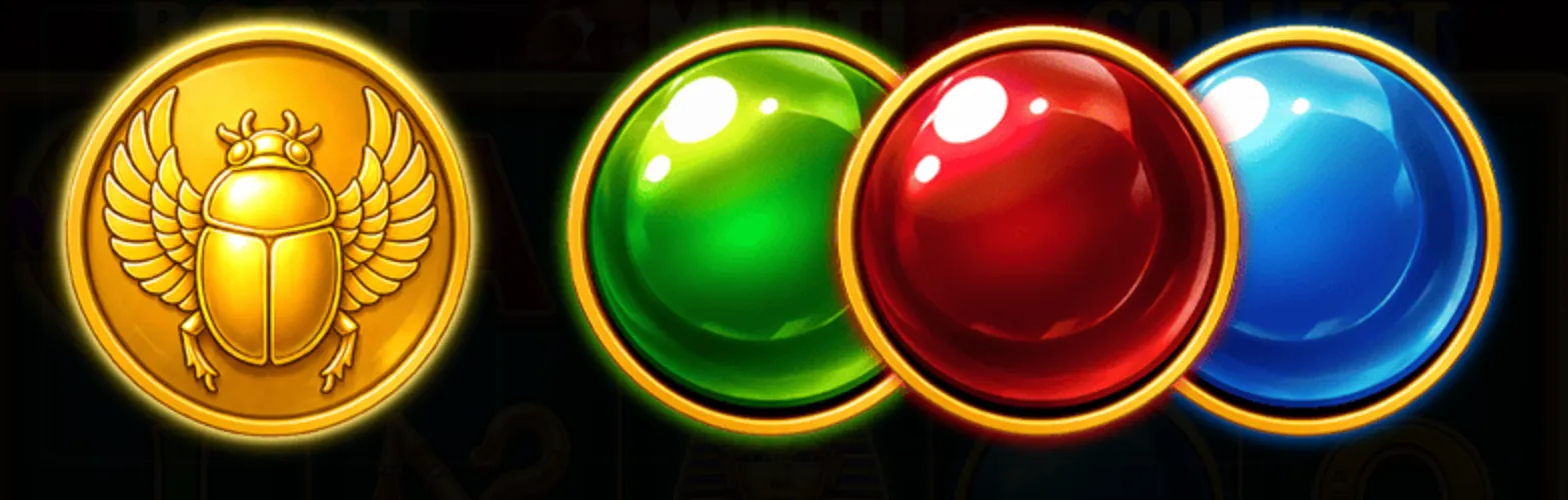 Golden scarab coin and three colorful orbs in green, red, and blue with a dark background, symbolizing mystical treasures in an Egyptian slot game.