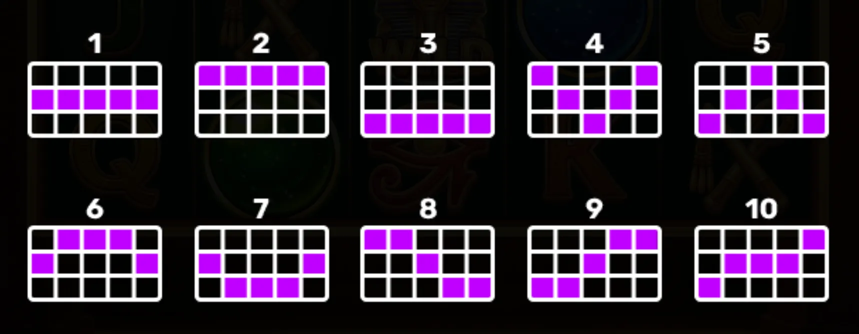 Diagram of ten distinct paylines in the slot game 3 Scarabs of Rebirth, each highlighted in purple on a grid of 15 positions.