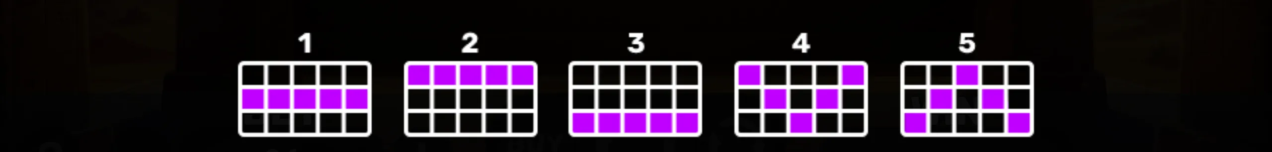 Winning paylines layout preview for the slot game 3 Scarabs of Rebirth showing five distinct patterns highlighted in purple.