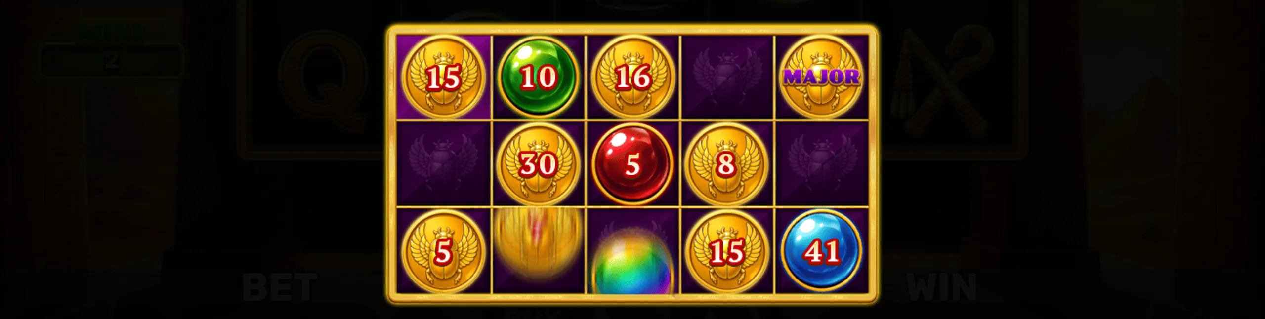 Slot game preview featuring golden scarab coins, colorful orbs, and Egyptian-themed symbols on a purple grid.