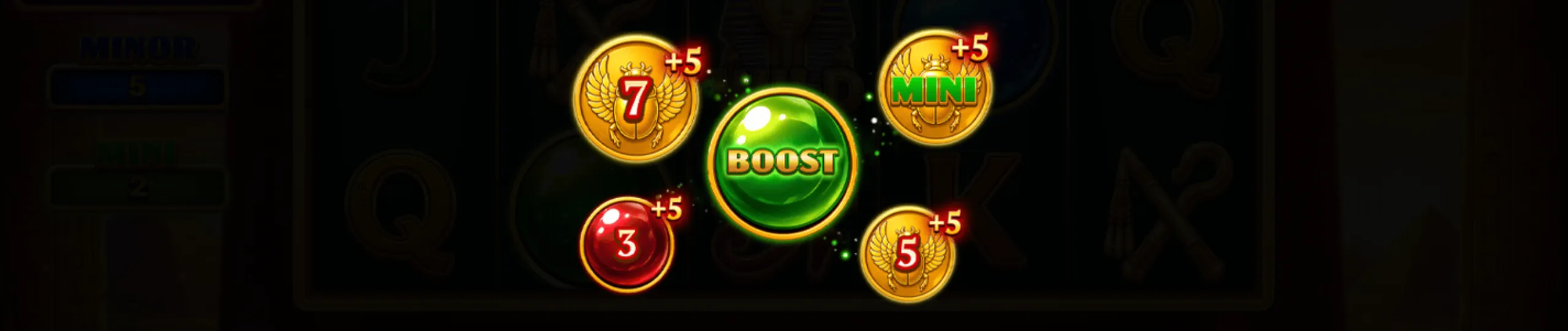 3 Scarabs of Rebirth slot game preview showing glowing coins and a green boost orb with Egyptian scarab motifs.