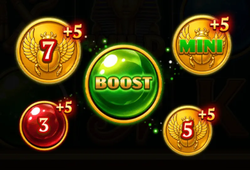 Golden scarab coins and colorful orbs with numbers and 'BOOST' text indicating bonus multipliers and jackpot tiers in an ancient Egyptian-themed slot game
