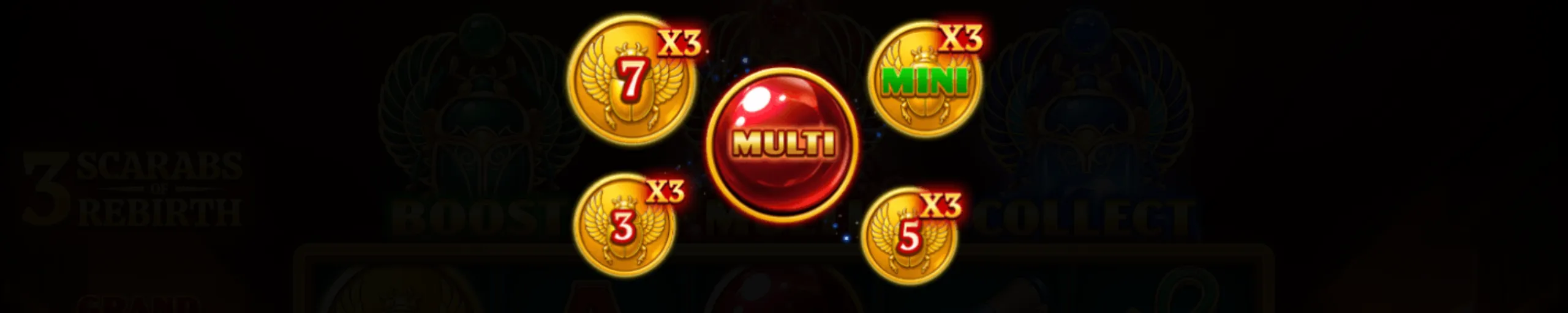 Golden scarab coins with multipliers and a central red multi orb from the 3 Scarabs of Rebirth slot game