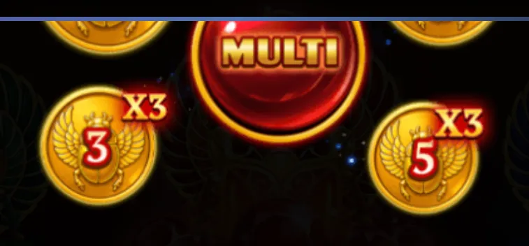 Golden scarab coins with multiplier values and a glowing red multi button indicating bonus multipliers in an ancient Egyptian-themed slot game.