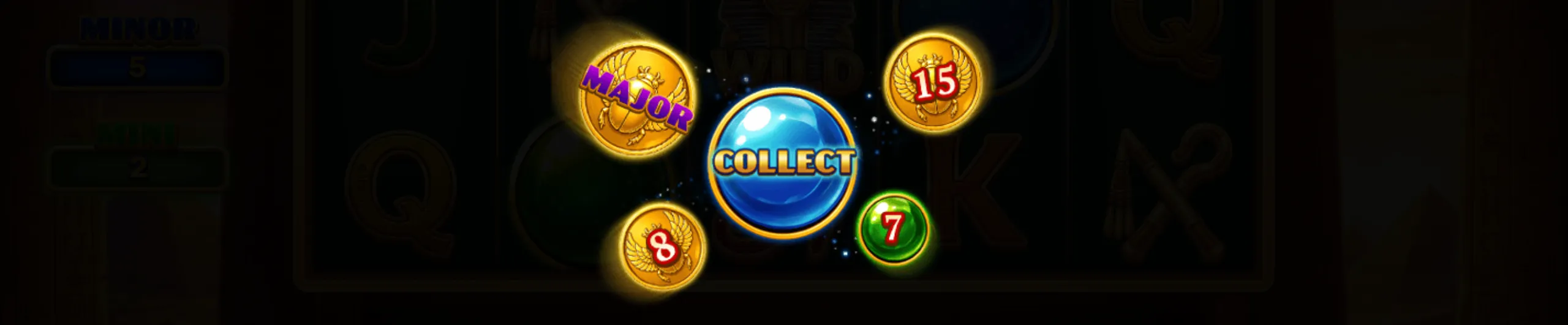 Bright glowing coins and a blue collect button from the slot game 3 Scarabs of Rebirth