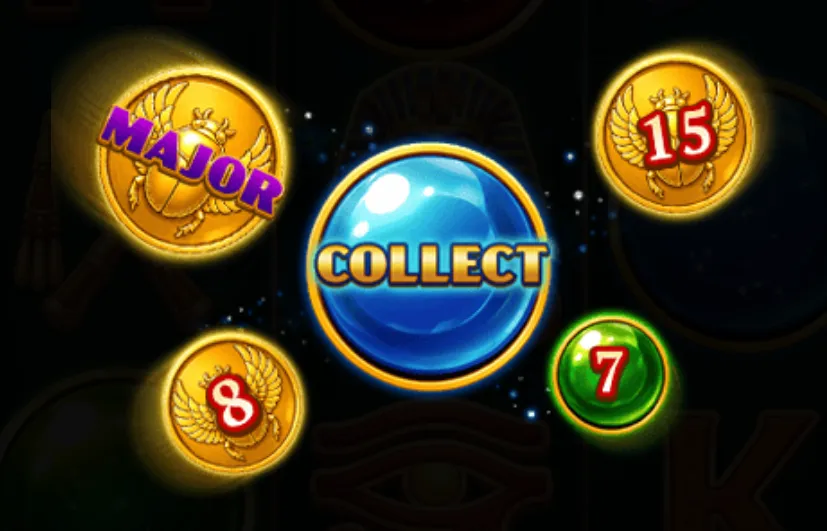 Brightly colored orbs and golden scarab coins with numbers and 'MAJOR' text surrounding a central blue orb labeled 'COLLECT', set against a dark background.