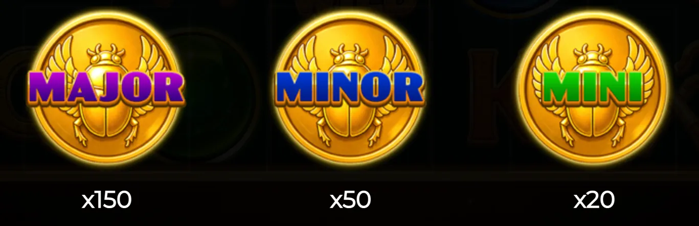 Three golden scarab coins labeled Major, Minor, and Mini jackpots with respective multipliers of x150, x50, and x20.