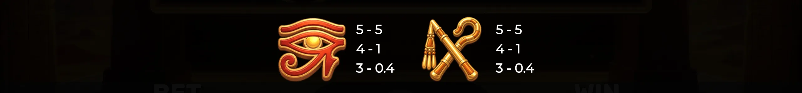 Symbols of the Eye of Horus and Egyptian crook and flail with payout values on a dark background