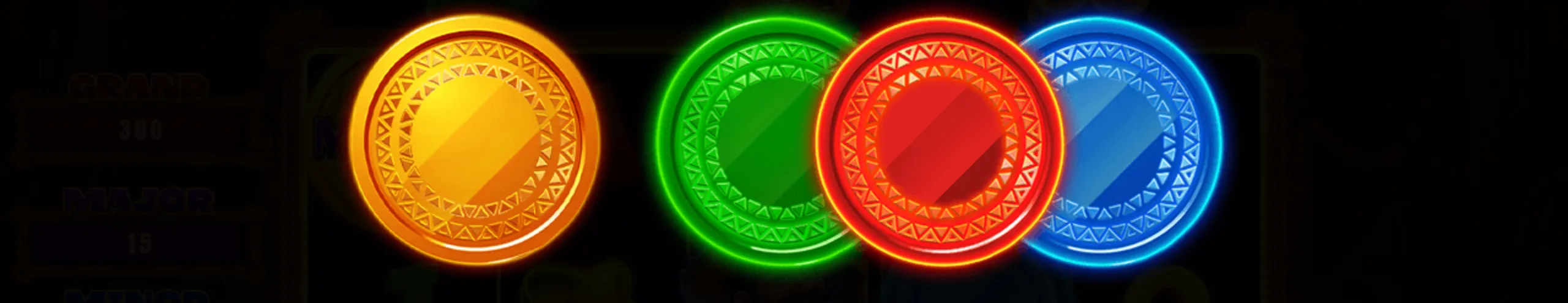 Colorful glowing coins in yellow, green, red, and blue with intricate patterns, representing the 3 Fuego Chillies slot game.