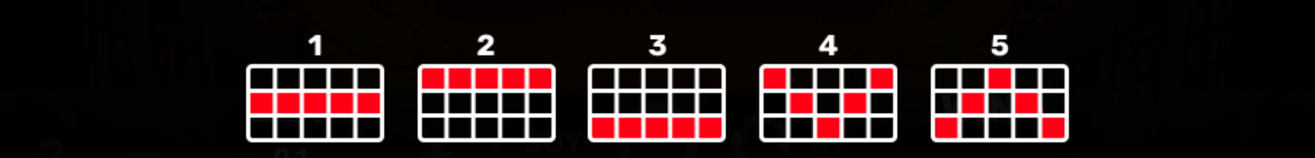 Payline patterns preview for the slot game 3 Fuego Chillies showing five distinct winning line configurations.