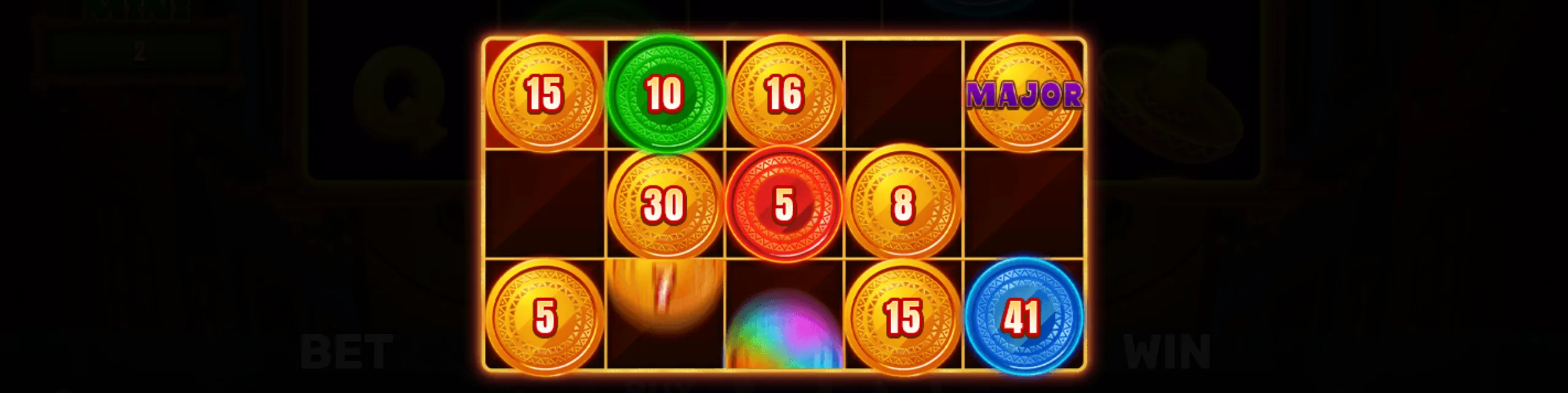 Bright slot game screen featuring colorful numbered coins and a glowing 'MAJOR' coin symbol.