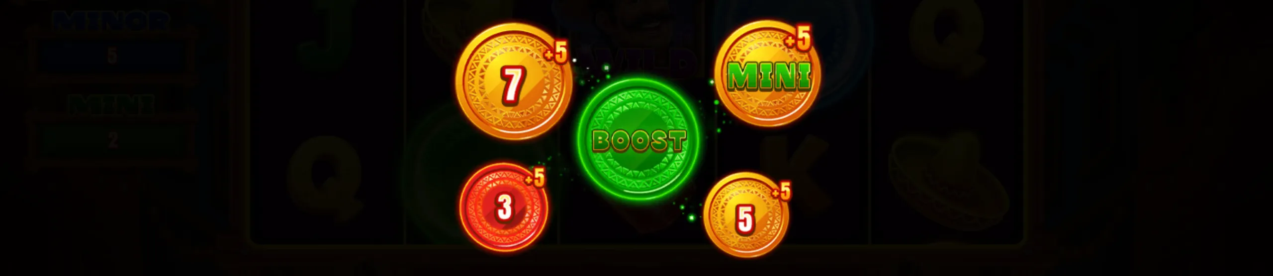 Brightly colored coins with numbers and a green boost coin from the slot game 3 Fuego Chillies
