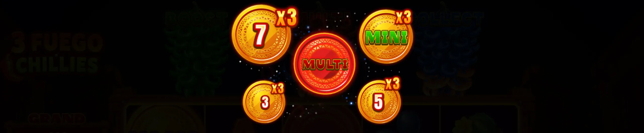 3 Fuego Chillies slot preview featuring glowing golden coins with multipliers and jackpot symbols