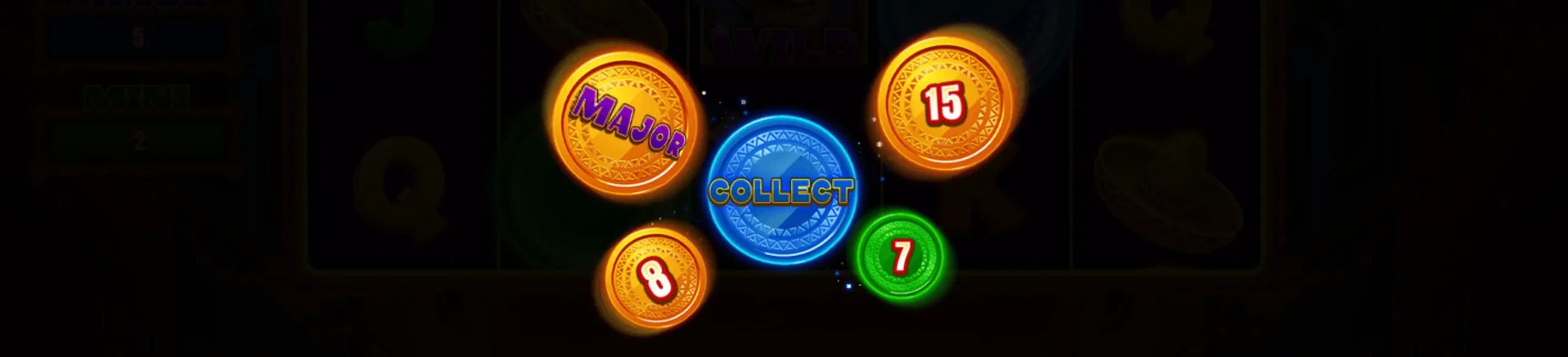 Brightly colored coins with values and 'collect' button glowing against a dark background in 3 Fuego Chillies slot game