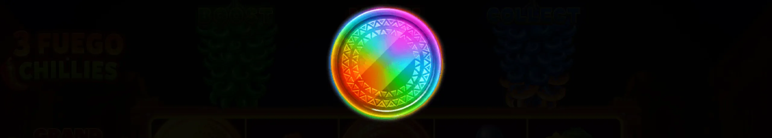 Brightly colored glowing coin symbol from the slot game 3 Fuego Chillies with a dark background