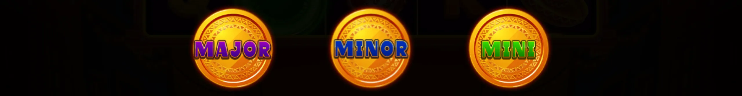 Three glowing golden coins labeled Major, Minor, and Mini jackpots on a dark background