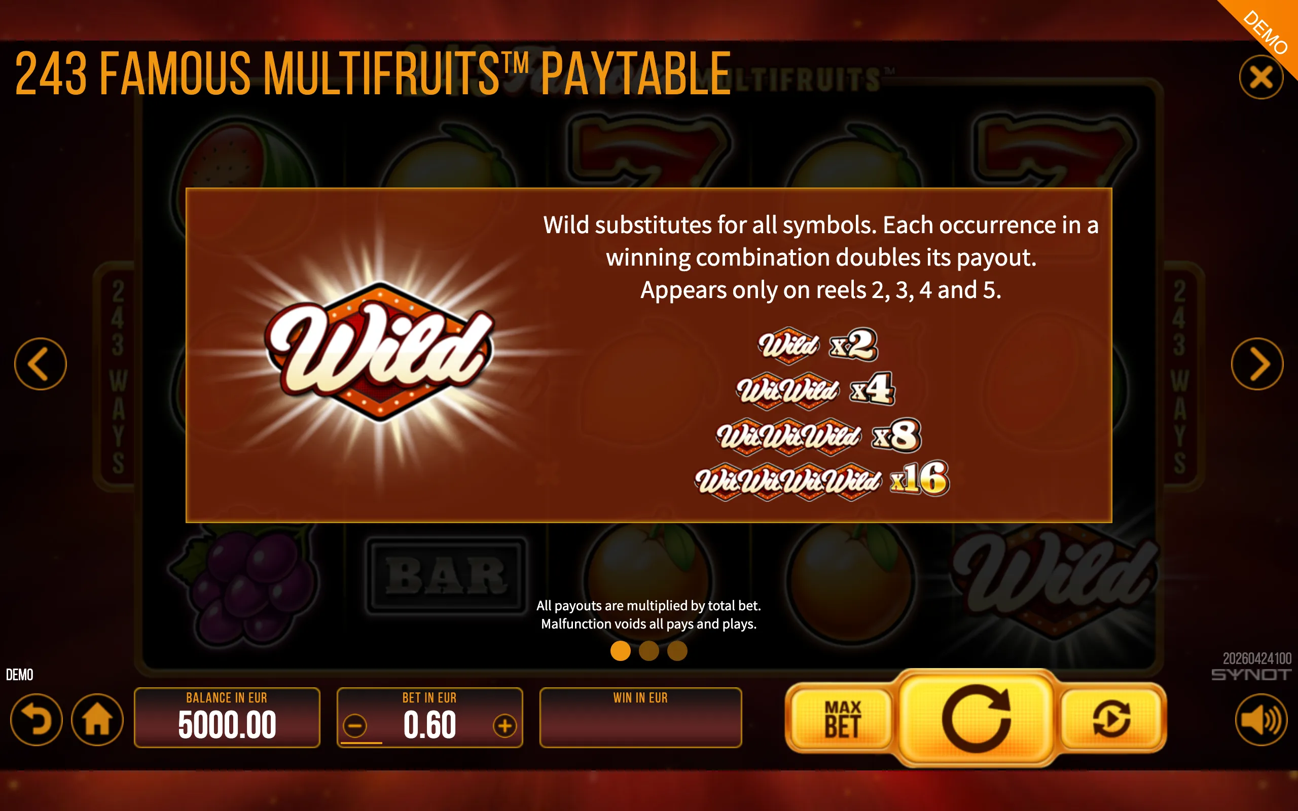 243 Famous Multifruits paytable page 1 with symbol payouts