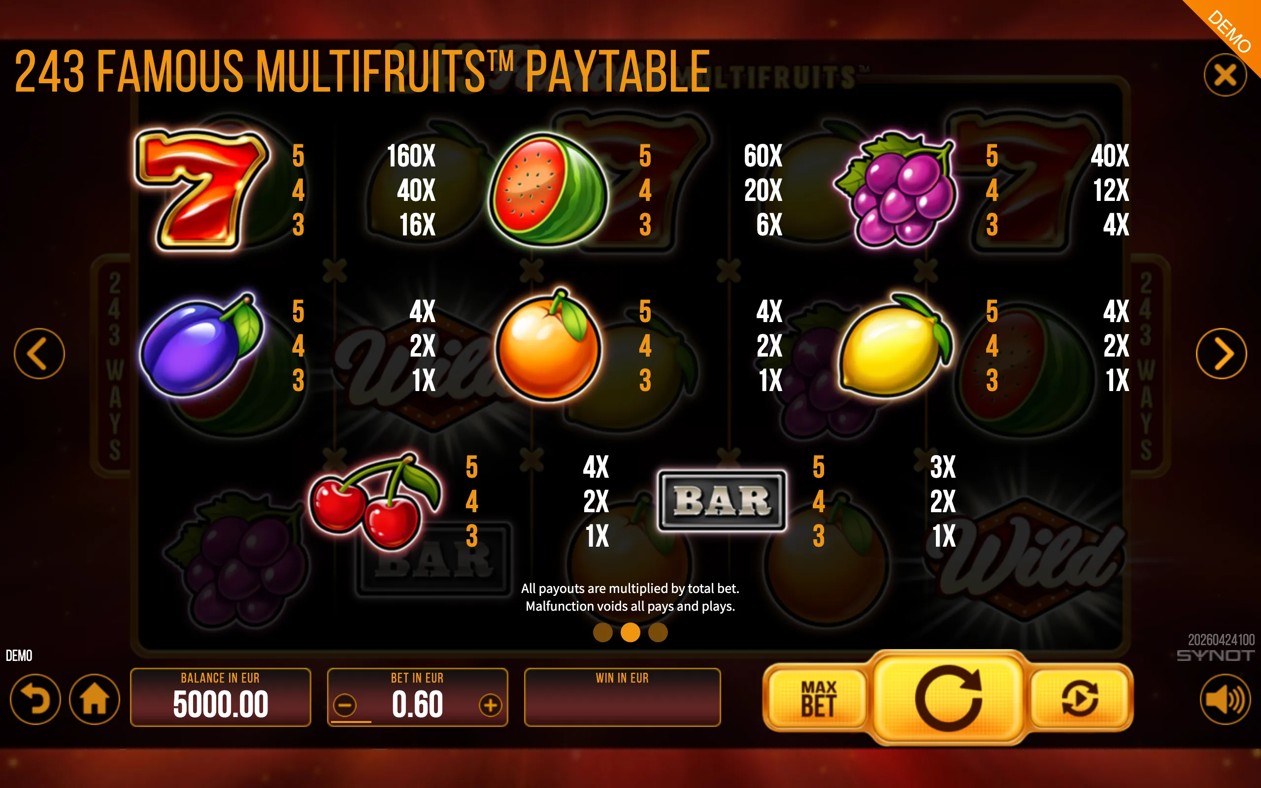 243 Famous Multifruits paytable page 2 with symbol payouts