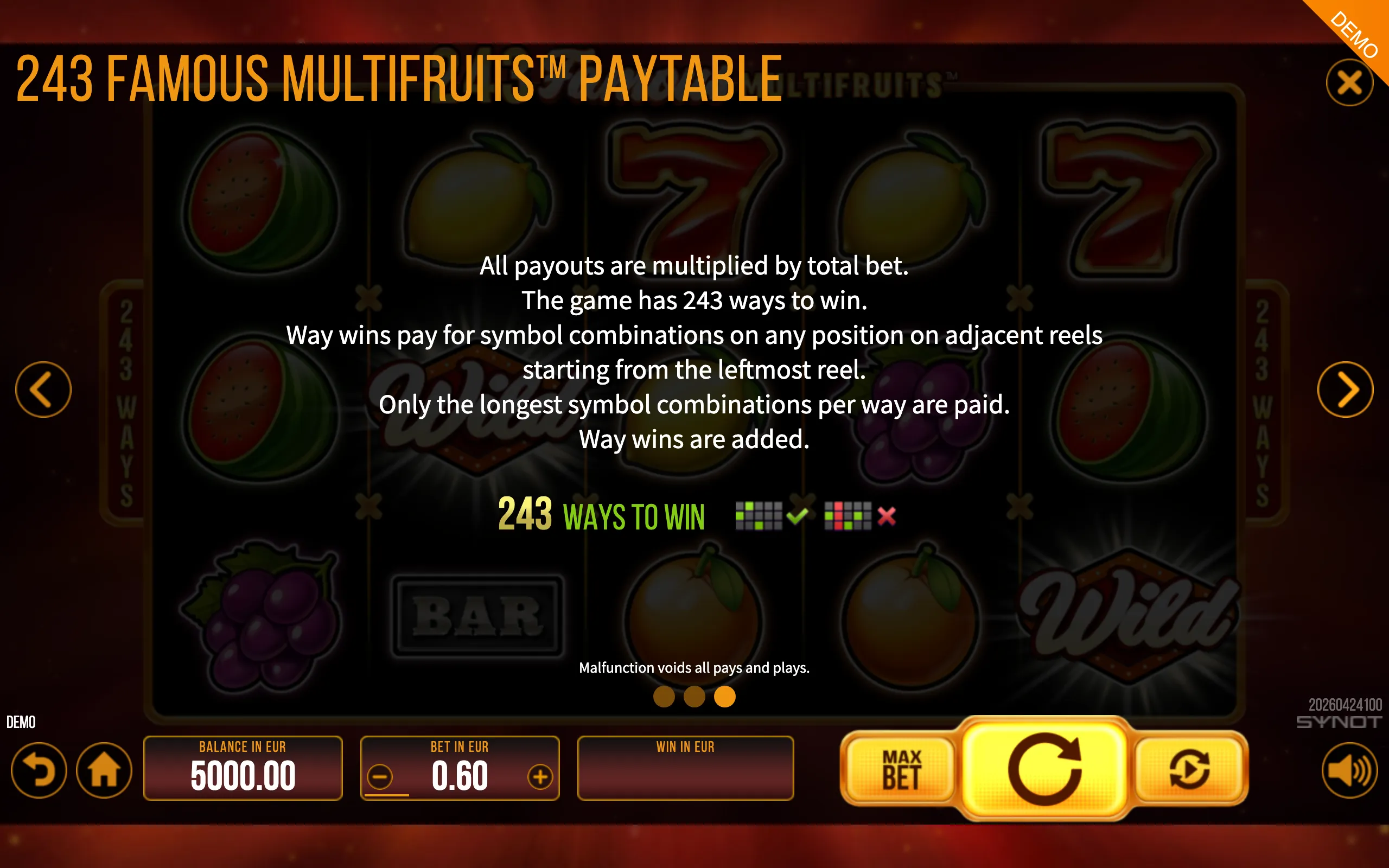 243 Famous Multifruits paytable page 3 with symbol payouts