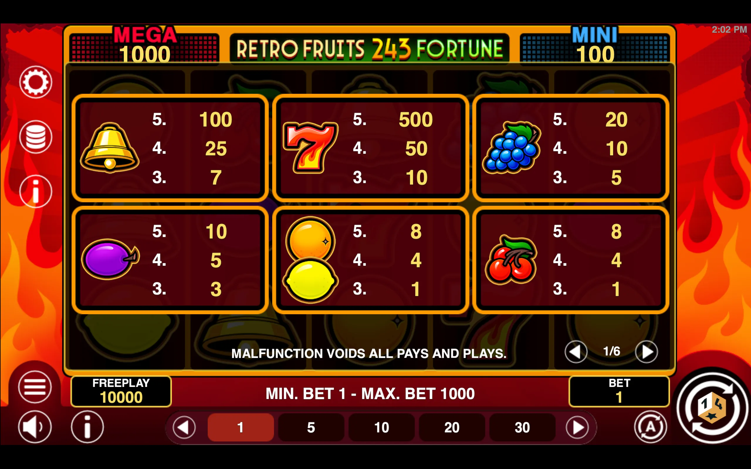 Retro Fruits 243 Fortune paytable page 1 with symbol payouts