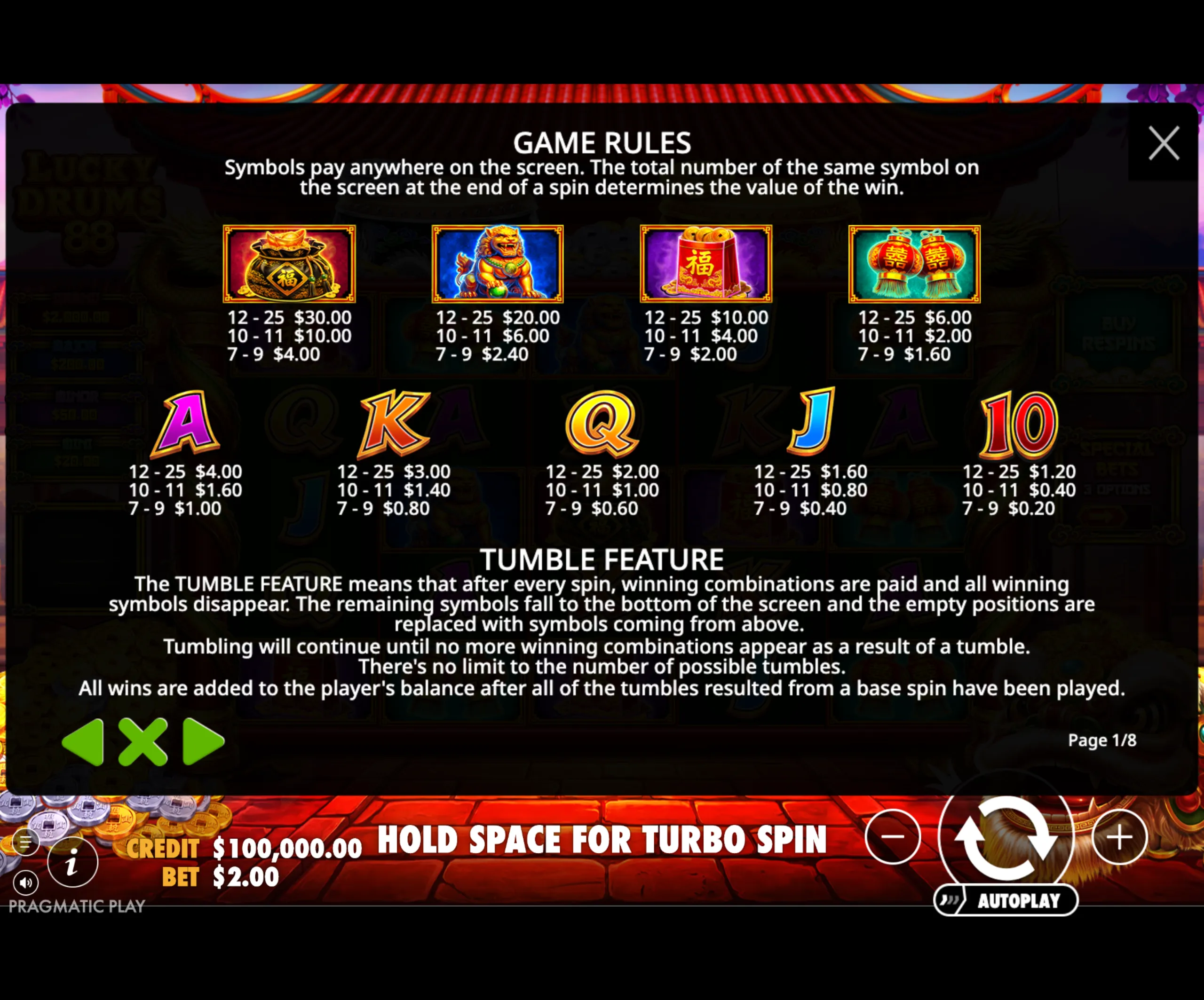 Lucky Drums 88 slot game rules screen displaying symbol payout values and explaining the tumble feature mechanics.