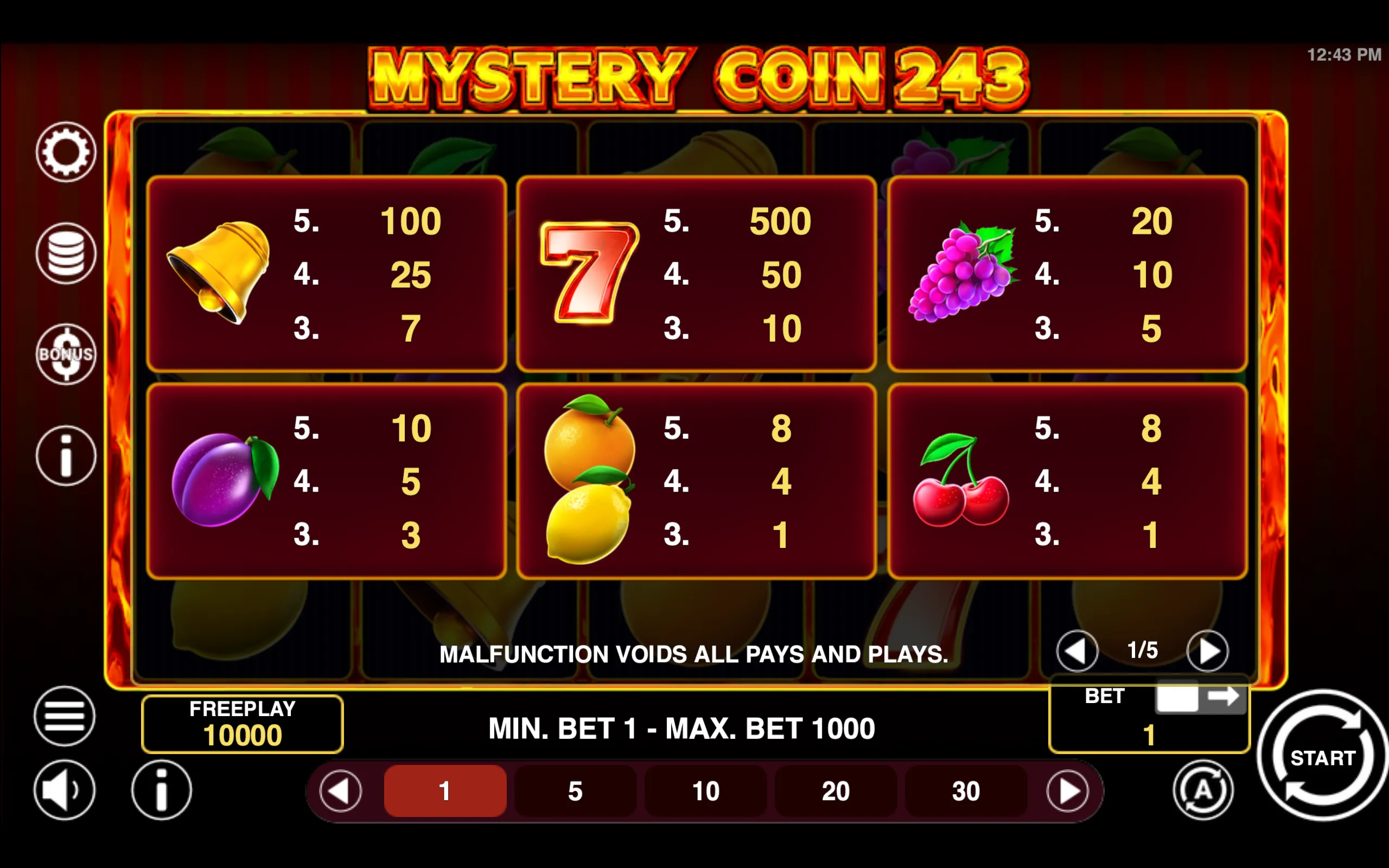 Mystery Coin 243 paytable page 1 with symbol payouts