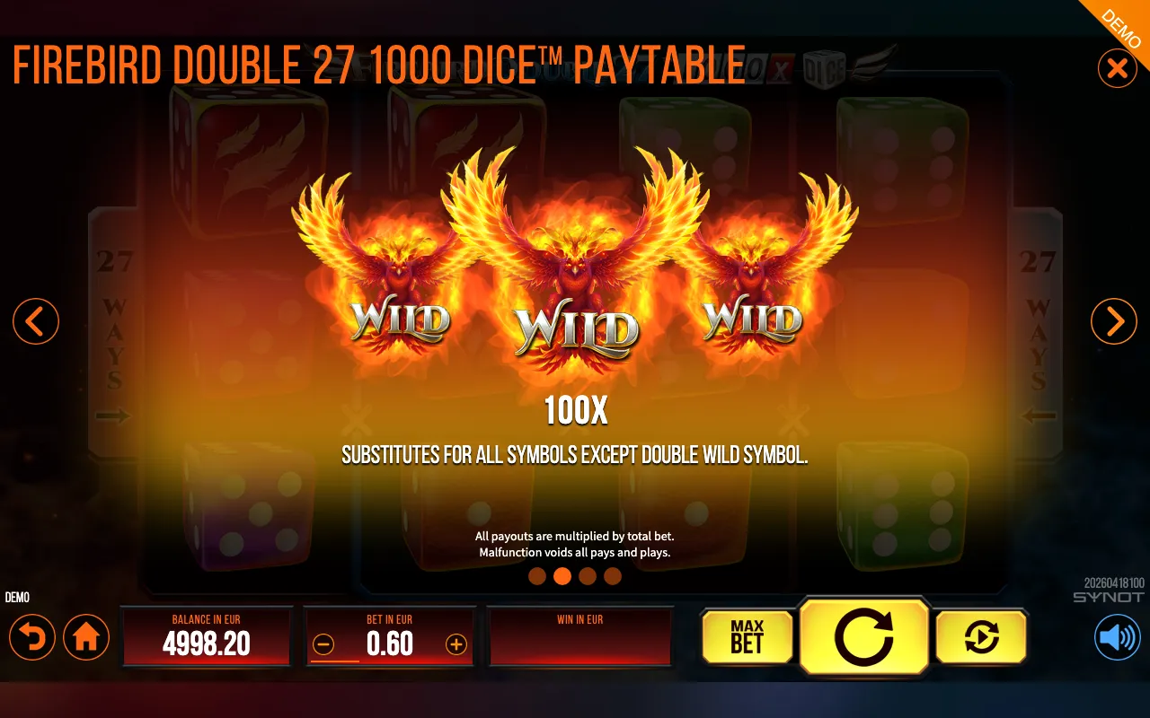 Firebird Double 27 1000 DIce paytable page 1 with symbol payouts