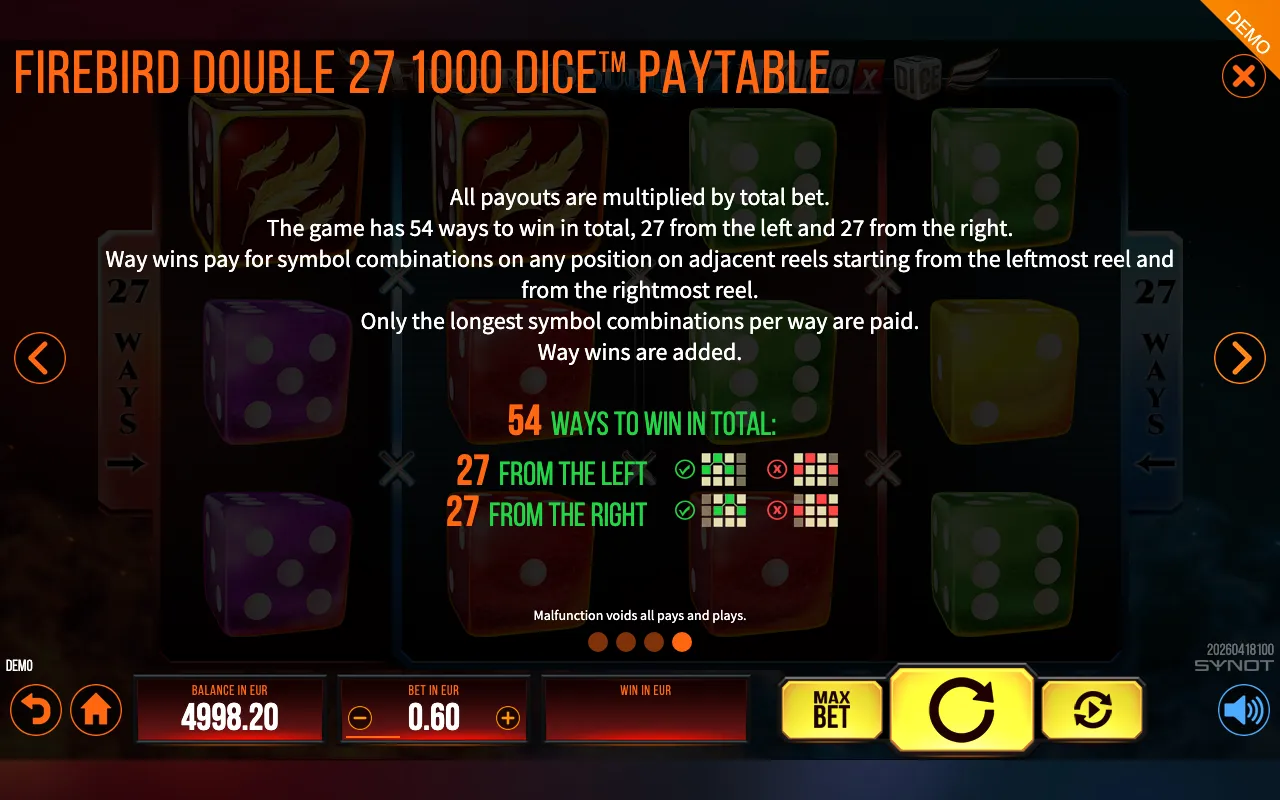 Firebird Double 27 1000 DIce paytable page 3 with symbol payouts