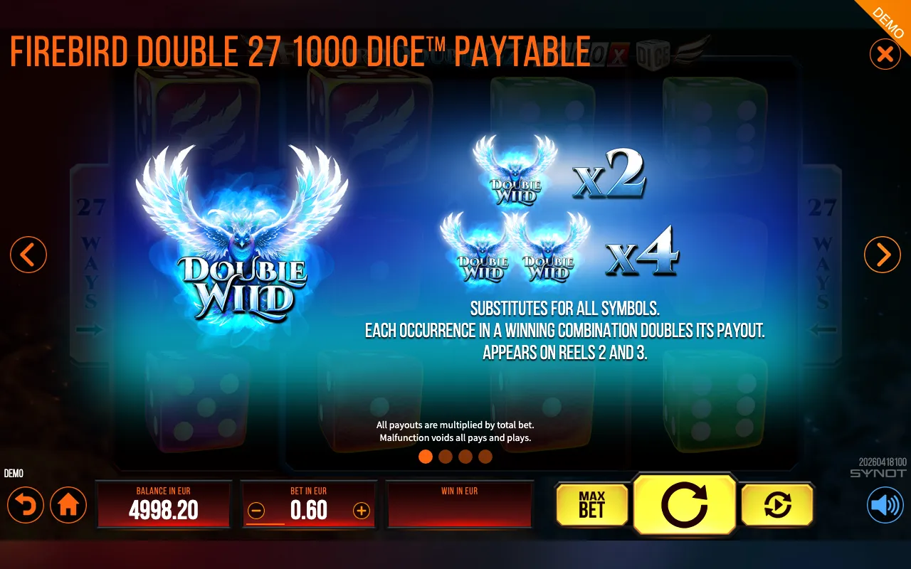 Firebird Double 27 1000 DIce paytable page 4 with symbol payouts
