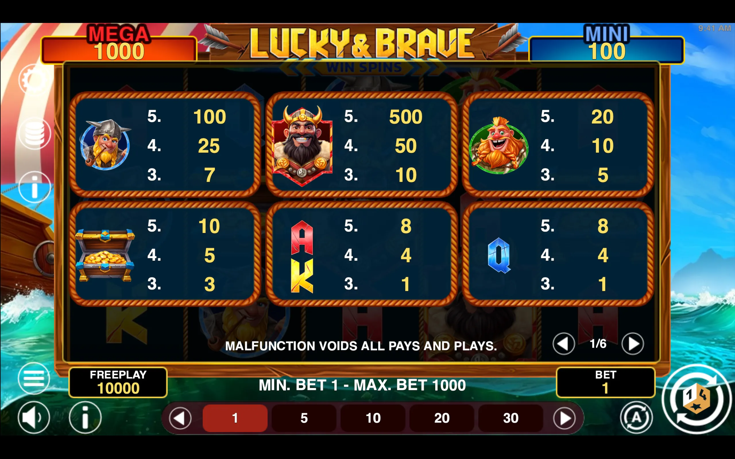 Lucky & Brave Win Spins paytable page 1 with symbol payouts