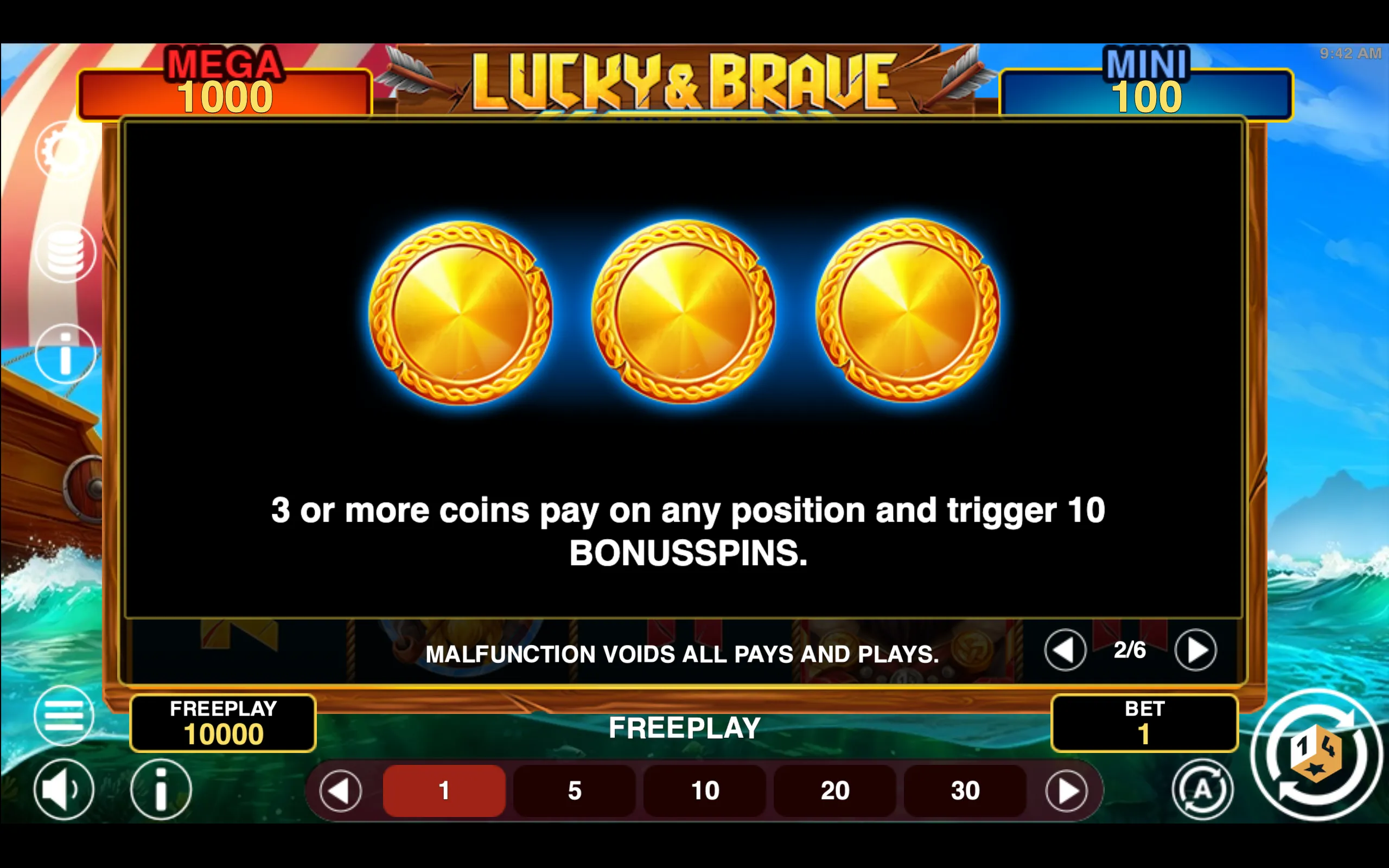 Lucky & Brave Win Spins paytable page 2 with symbol payouts