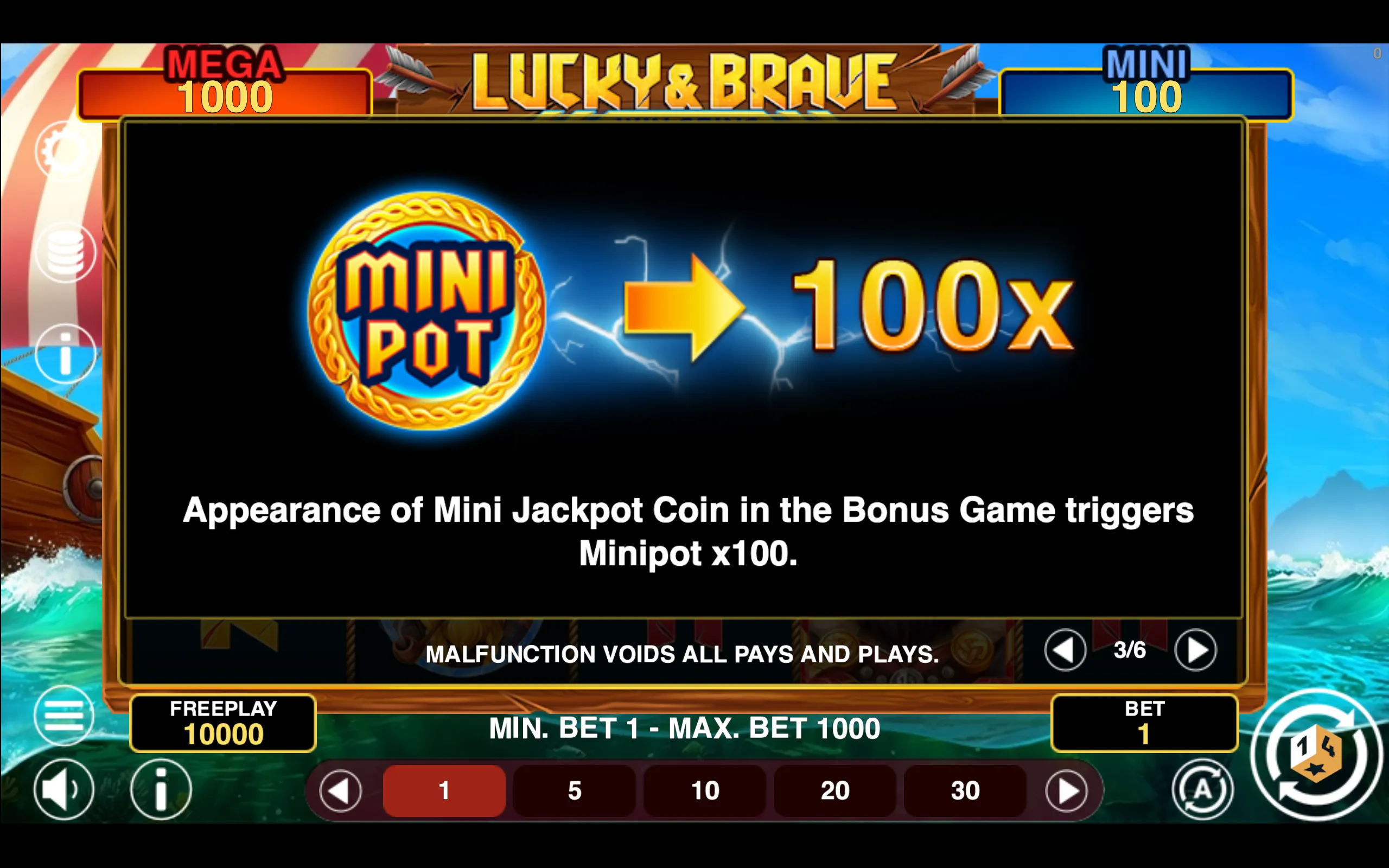 Lucky & Brave Win Spins paytable page 3 with symbol payouts