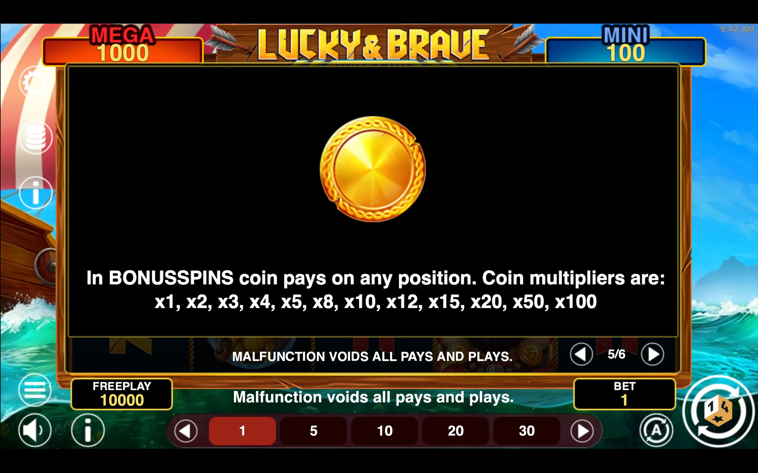 Lucky & Brave Win Spins paytable page 5 with symbol payouts