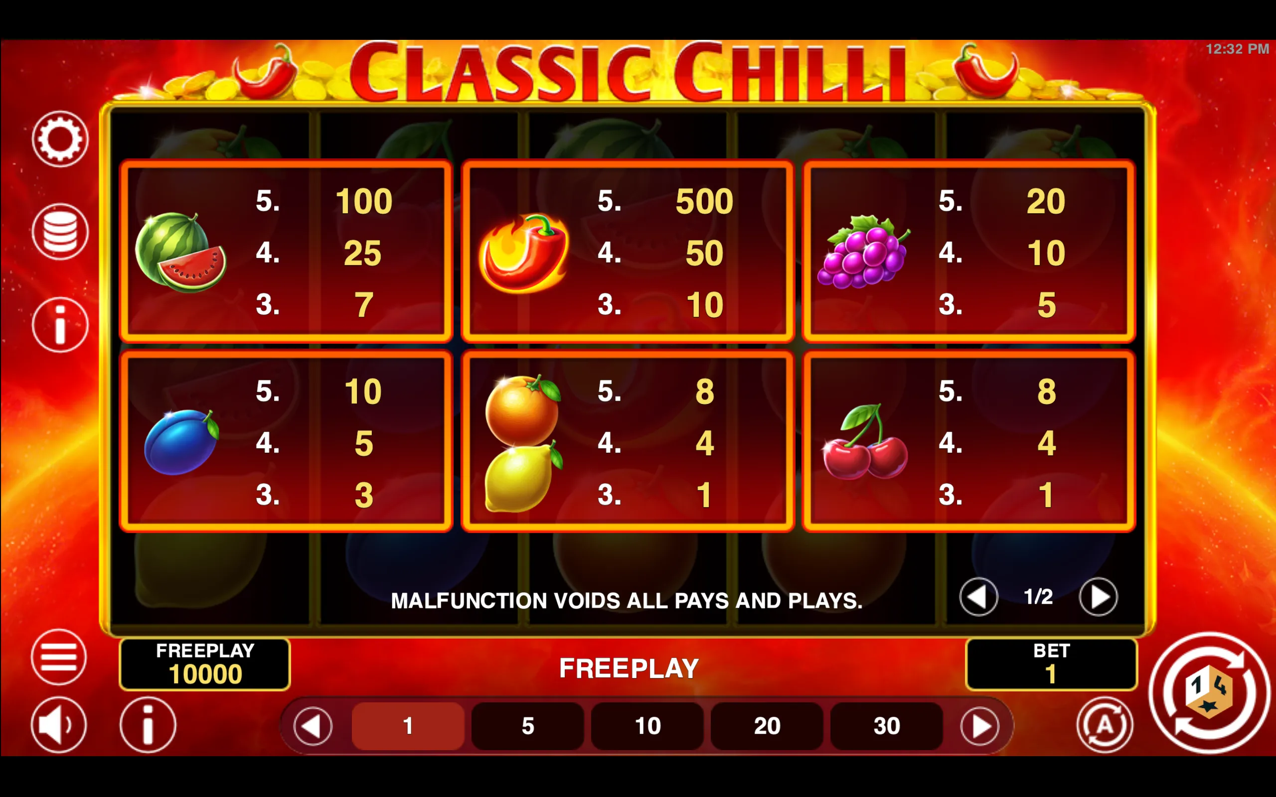 Classic Chilli paytable page 1 with symbol payouts