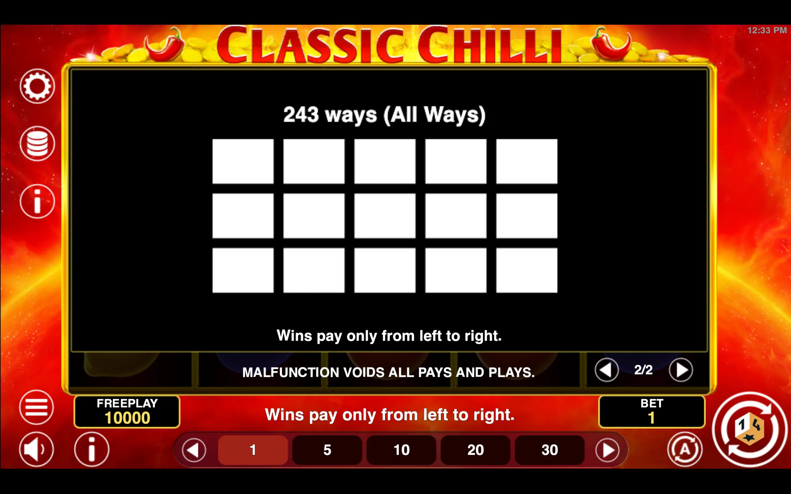 Classic Chilli paytable page 2 with symbol payouts
