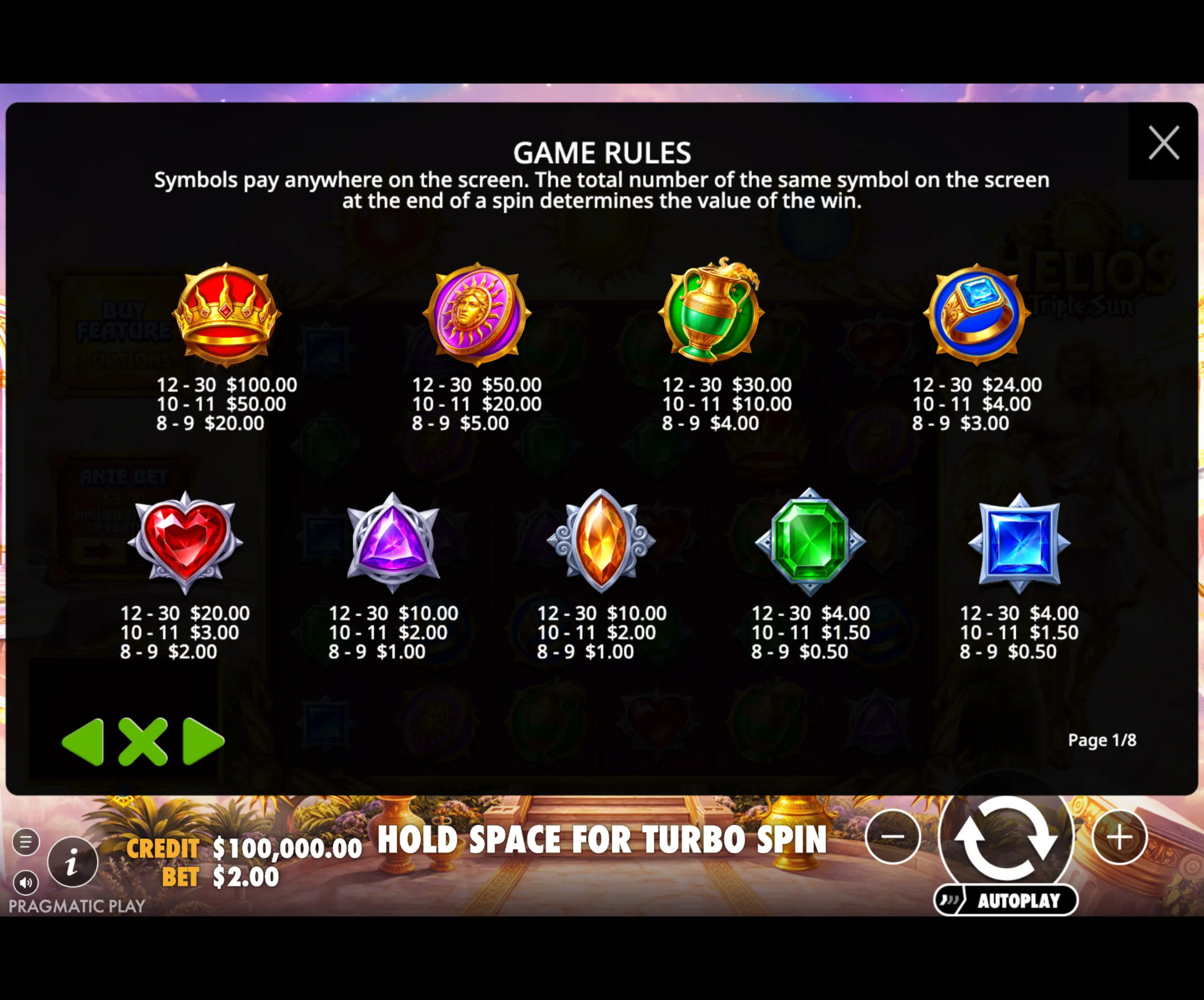 Game rules and payout table for Helios - Triple Sun slot showing symbol values and how wins are calculated based on the total number of symbols on screen.
